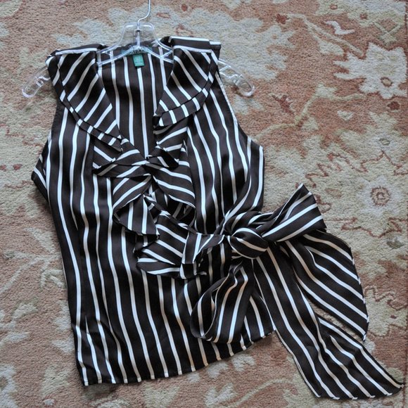 LAUREN Ralph Lauren Silky Striped Wrap Sleeveless  RuffleTop - Picture 1 of 5